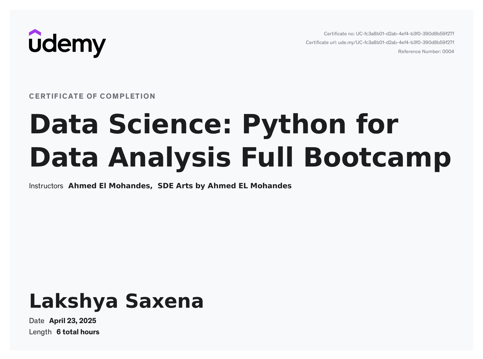 Udemy Python For Data Analysis Bootcamp Certificate